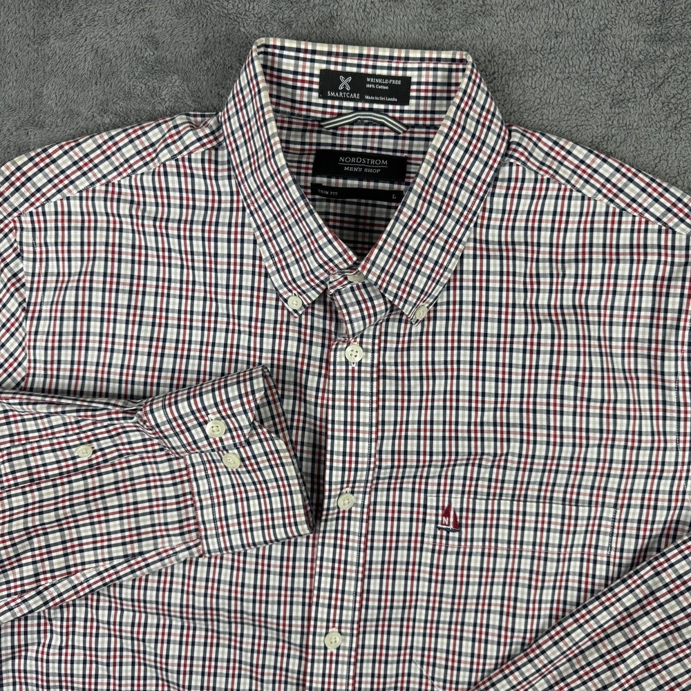 Nordstrom Button Down Shirt Mens L Multicolor Plaid Trim Fit Smartcare Cotton